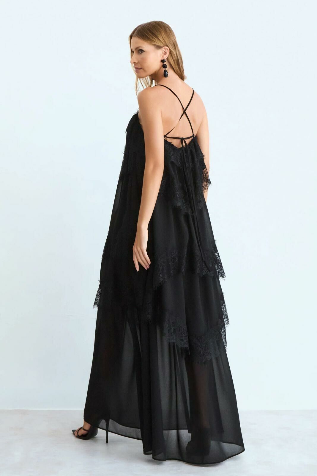 Imagem de Vestido Mídi Babados Com Detalhe Renda Barra Preto Zen
